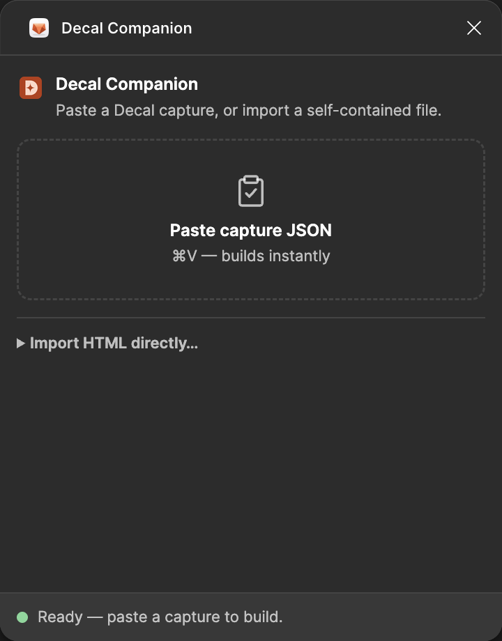 The Decal Companion panel open in Figma, reading: paste capture JSON, ⌘V builds instantly